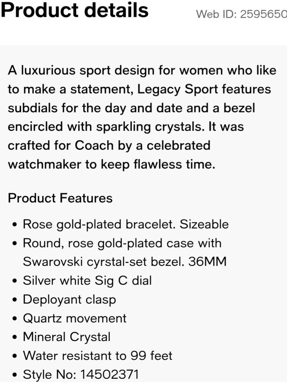 Coach Chelsea Rose Gold Chronograph Watch CA.75.7.34.0774S NWOT - Needs Battery - Picture 8 of 9